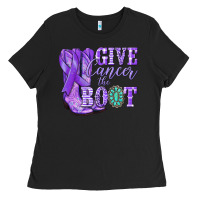 Black Give Cancer the boot purple ribbon Ladies Tee - NancyCooperArtShop