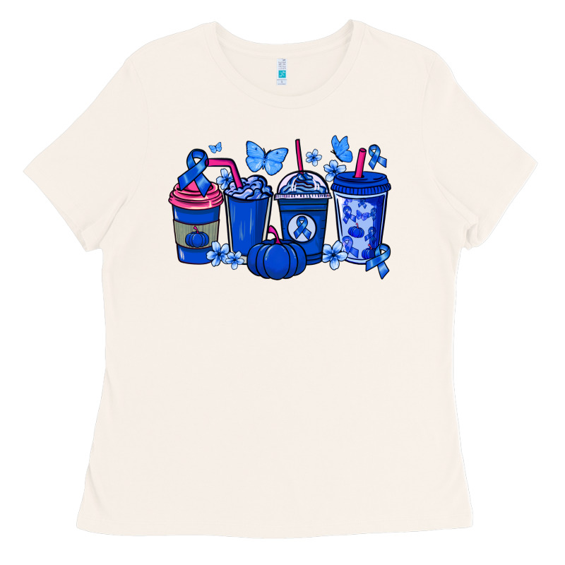 Colon Cancer Coffee Cups Blue Ribbon Ladies Tee by NancyCooperArtShop | Teevron