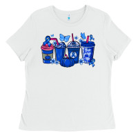 White Colon Cancer coffee cups blue ribbon Ladies Tee - NancyCooperArtShop