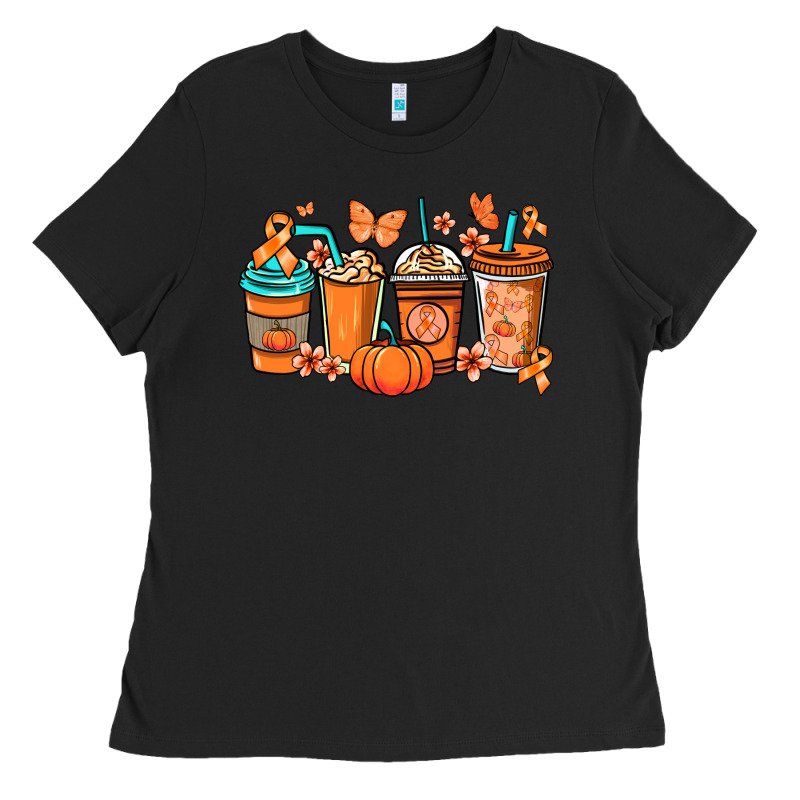 Kidney Cancer Coffee Cups Orange Ribbon Ladies Tee by NancyCooperArtShop | Teevron