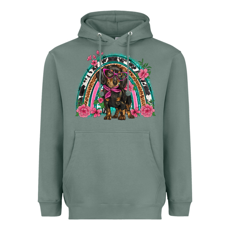 Dachshund Dog Pink  Floral Rainbow Heavyweight Hoodie by BarkalooDesign | Teevron