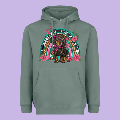 Dachshund Dog Pink  Floral Rainbow Heavyweight Hoodie Designed By Barkaloodesign