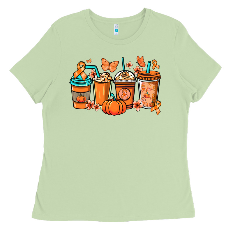 Kidney Cancer Coffee Cups Orange Ribbon Ladies Tee by NancyCooperArtShop | Teevron