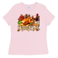 Bubblegum Pink Thankful with Turkey Ladies Tee - texasbilliewilder