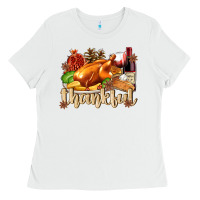 White Thankful with Turkey Ladies Tee - texasbilliewilder