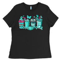 Black Ovarian Cancer coffee cups teal ribbon Ladies Tee - NancyCooperArtShop