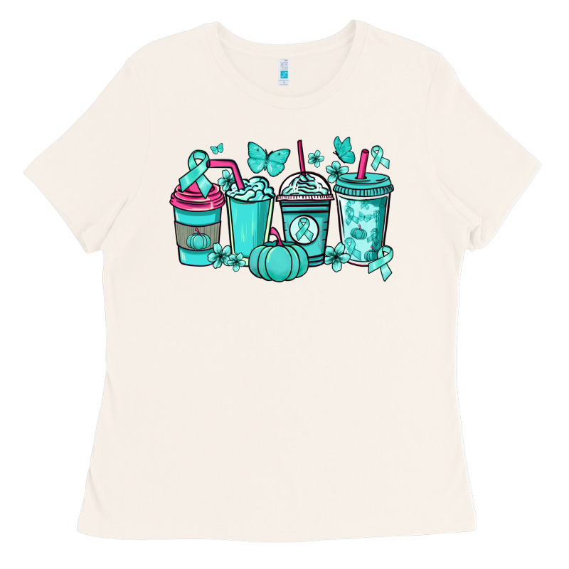 Ovarian Cancer Coffee Cups Teal Ribbon Ladies Tee by NancyCooperArtShop | Teevron