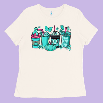 Ovarian Cancer Coffee Cups Teal Ribbon Ladies Tee Designed By Nancycooperartshop