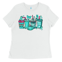 White Ovarian Cancer coffee cups teal ribbon Ladies Tee - NancyCooperArtShop