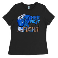 Black Her fight is our fight Colon Cancer blue ribbon Ladies Tee - NancyCooperArtShop