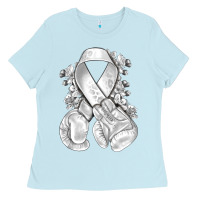 Baby Blue Lung Cancer white ribbon with boxing gloves Ladies Tee - NancyCooperArtShop