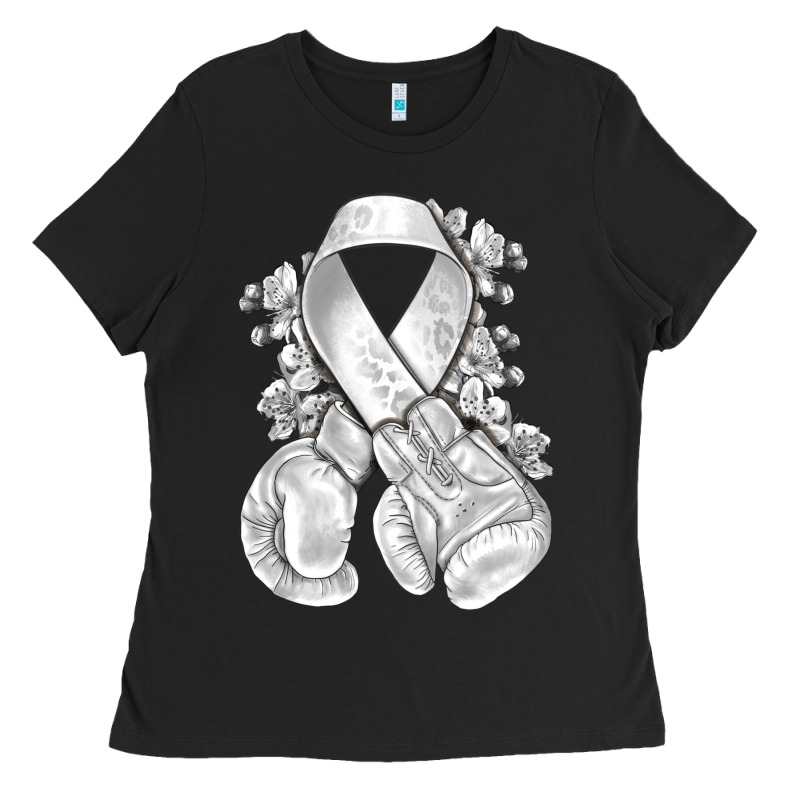 Lung Cancer White Ribbon With Boxing Gloves Ladies Tee by NancyCooperArtShop | Teevron
