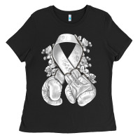 Black Lung Cancer white ribbon with boxing gloves Ladies Tee - NancyCooperArtShop