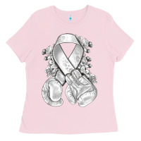 Bubblegum Pink Lung Cancer white ribbon with boxing gloves Ladies Tee - NancyCooperArtShop