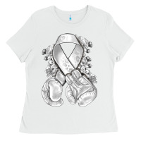 White Lung Cancer white ribbon with boxing gloves Ladies Tee - NancyCooperArtShop