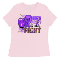 Bubblegum Pink Her fight is our fight purple ribbon Ladies Tee - NancyCooperArtShop