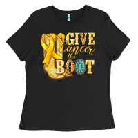 Black Give Cancer the boot Childhood Cancer Ladies Tee - NancyCooperArtShop