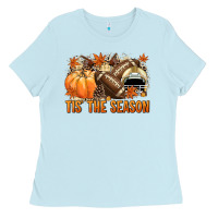 Baby Blue Tis' the season Football and light yellow helmet Ladies Tee - NancyCooperArtShop