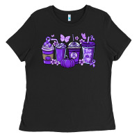 Black Cancer coffee cups purple ribbon Ladies Tee - NancyCooperArtShop