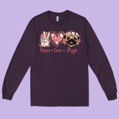 Peace Love Pugs Long Sleeve Tee Designed By Jasminsmagicworld