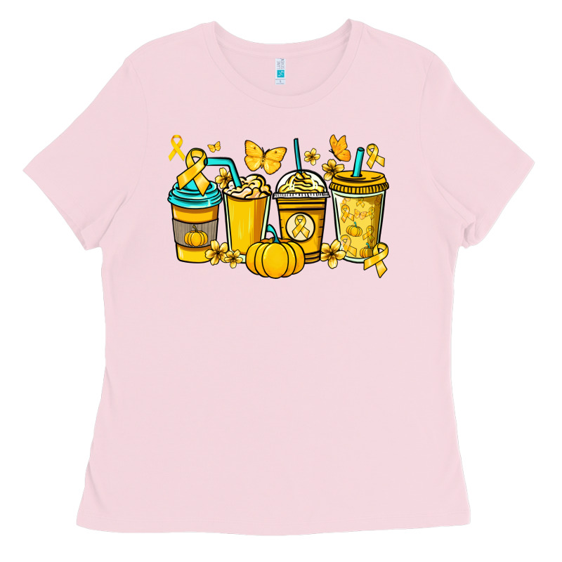 Childhood Cancer Coffee Cups Yellow Ribbon Ladies Tee by NancyCooperArtShop | Teevron