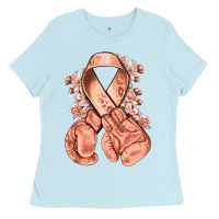Baby Blue Uterine Cancer peach ribbon with boxing gloves Ladies Tee - NancyCooperArtShop