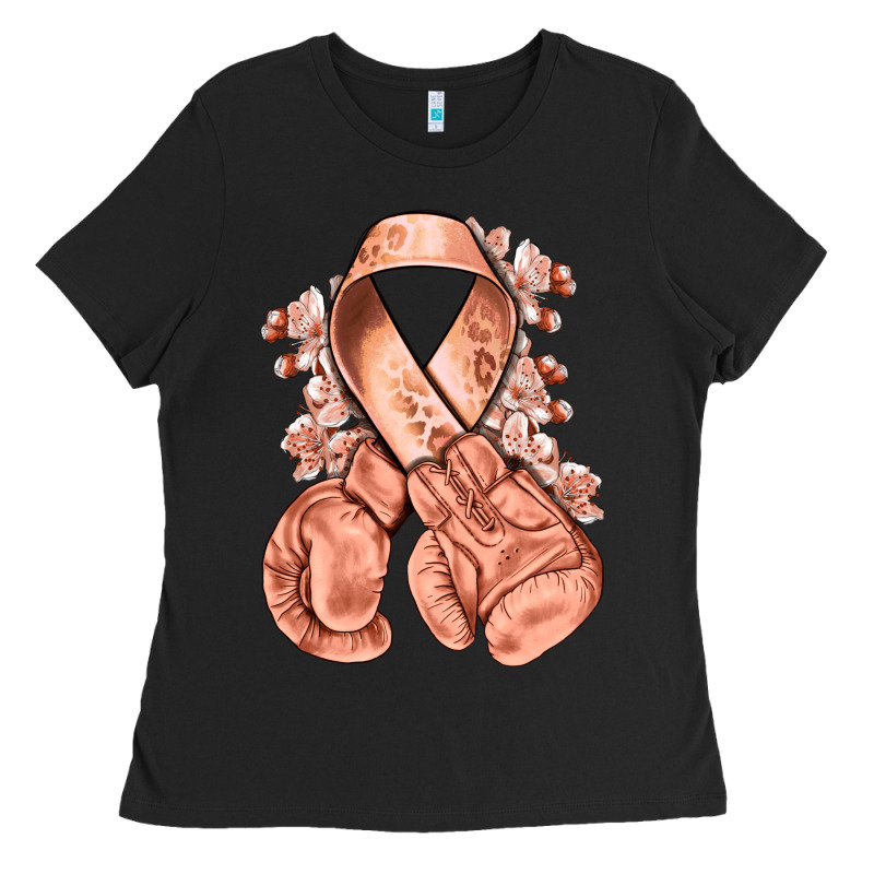 Uterine Cancer Peach Ribbon With Boxing Gloves Ladies Tee by NancyCooperArtShop | Teevron
