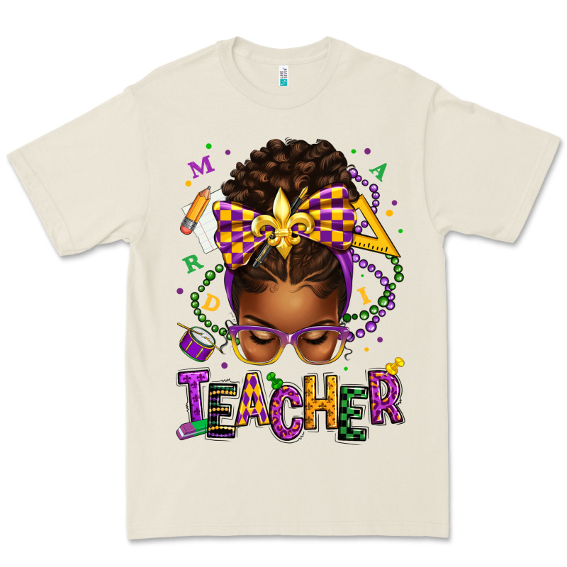 Mardi Gras Teacher Afro Messy Bun Premium Tee by texasbilliewilder | Teevron