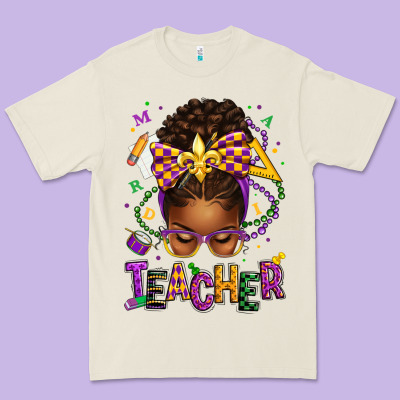Mardi Gras Teacher Afro Messy Bun Premium Tee Designed By Texasbilliewilder