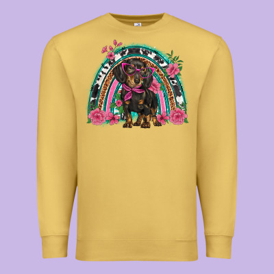 Dachshund Dog Pink  Floral Rainbow Premium Sweatshirt Designed By Barkaloodesign