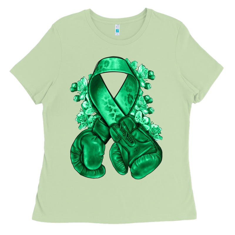 Emerald Green Ribbon Liver Cancer Boxing Gloves Ladies Tee by NancyCooperArtShop | Teevron