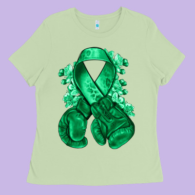Emerald Green Ribbon Liver Cancer Boxing Gloves Ladies Tee Designed By Nancycooperartshop