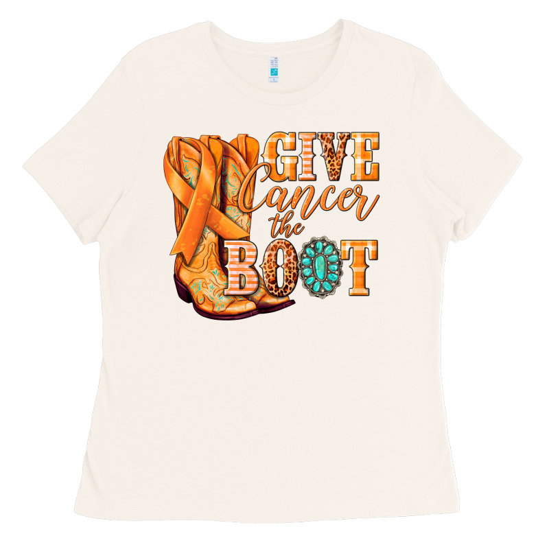 Give Cancer The Boot Kidney Cancer Orange Ribbon Ladies Tee by NancyCooperArtShop | Teevron