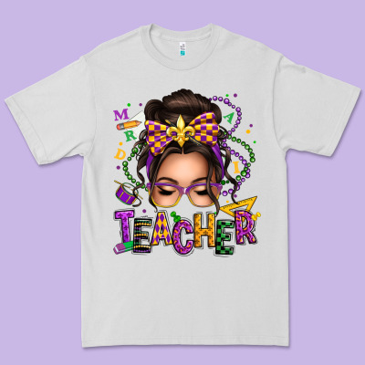 Mardi Gras Teacher Caucasian Messy Bun Premium Tee Designed By Texasbilliewilder