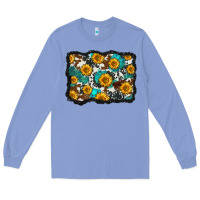 Colony Blue cowhide  turquoise sunflowers pattern olivia Long Sleeve Tee - OliviaCreatesArt