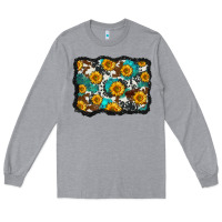 Heather Grey cowhide  turquoise sunflowers pattern olivia Long Sleeve Tee - OliviaCreatesArt