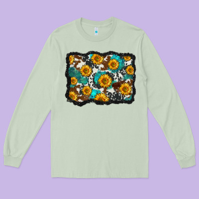Cowhide  Turquoise Sunflowers Pattern Olivia Long Sleeve Tee Designed By Oliviacreatesart