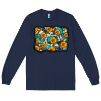 Navy cowhide  turquoise sunflowers pattern olivia Long Sleeve Tee - OliviaCreatesArt