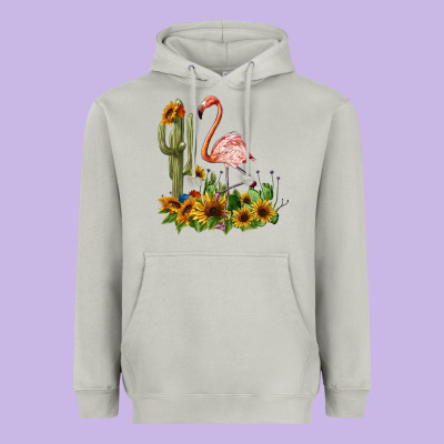 Flamingo With Cactus And Sunflowers Heavyweight Hoodie Designed By Barkaloodesign