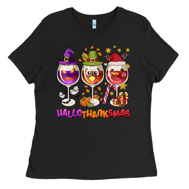 Hallothanksmas Wine Glasses Ladies Tee by NancyCooperArtShop | Teevron