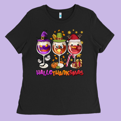 Hallothanksmas Wine Glasses Ladies Tee Designed By Nancycooperartshop