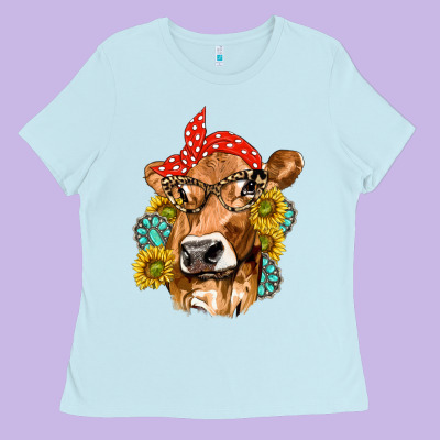 Western Cow With Sunflowers And Gemstone Ladies Tee Designed By Texasbilliewilder