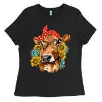 Black Western Cow with Sunflowers and Gemstone Ladies Tee - texasbilliewilder