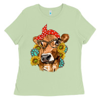 Matcha Western Cow with Sunflowers and Gemstone Ladies Tee - texasbilliewilder