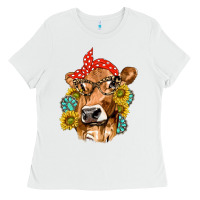 White Western Cow with Sunflowers and Gemstone Ladies Tee - texasbilliewilder