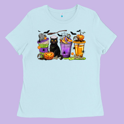 Halloween Cat Coffee Cups Ladies Tee Designed By Texasbilliewilder