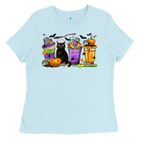 Baby Blue Halloween Cat Coffee Cups Ladies Tee - texasbilliewilder