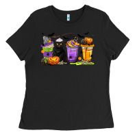 Black Halloween Cat Coffee Cups Ladies Tee - texasbilliewilder