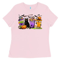 Bubblegum Pink Halloween Cat Coffee Cups Ladies Tee - texasbilliewilder