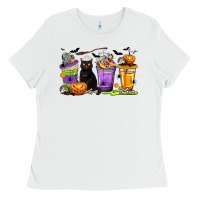 White Halloween Cat Coffee Cups Ladies Tee - texasbilliewilder